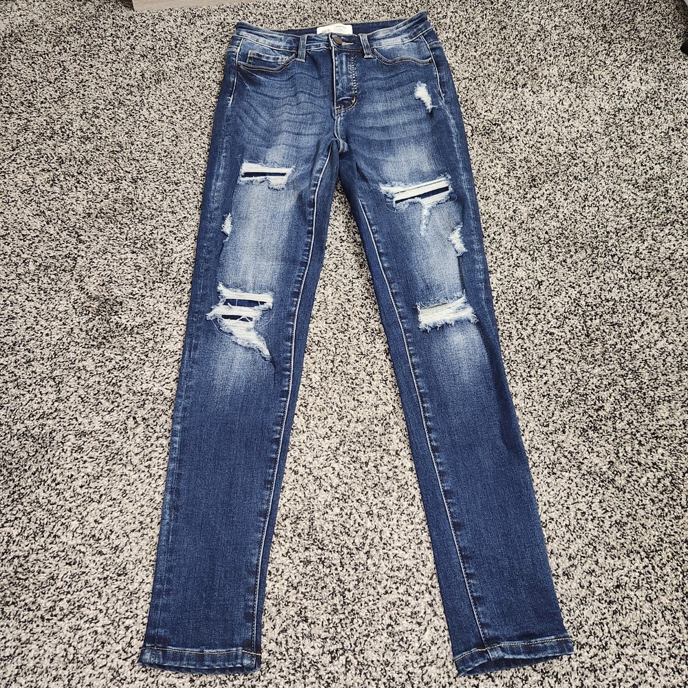 Bke Parker Universal Fit Hi Rise Ankle Skinny Darkwash Destruction Sz 24 Stretch